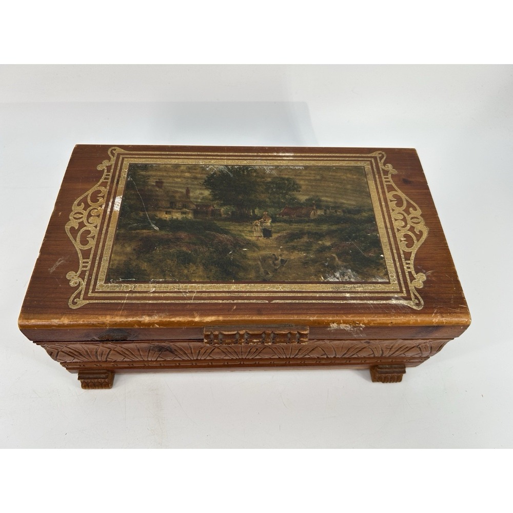 Vintage Mini Cedar Chest Footed Trinket / Jewelry Box w/ Scene on Top